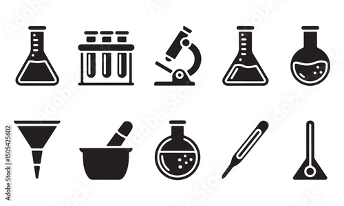 A collection of simple, black and white icons representing various science lab equipment.