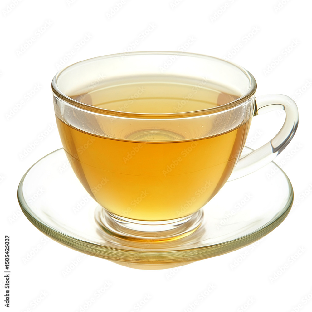 Tea in glass teacup isolated on white, ideal for health blogs, packaging, and advertising. Tea in glass teacup isolated on white, ideal for health blogs, packaging, and advertising.