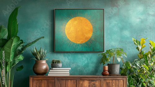 Abstract background depicting the sun and rays on a dark blue background surrounded by green plants. Suitable for interior design, meditation and relaxation.