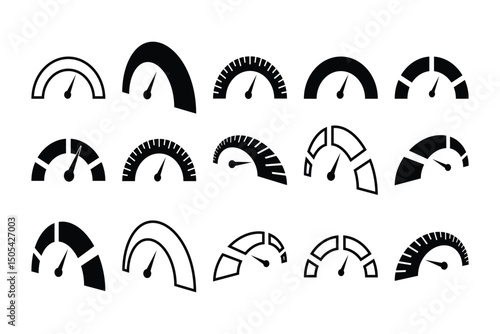 Speedometer Icons Set. Vector Dashboard Gauges with Editable Stroke on Transparent Background