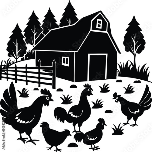 Farmyard with Mixed Poultry Silhouettes