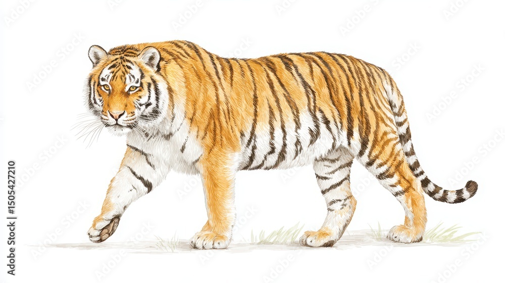Fototapeta premium A majestic tiger walks gracefully with its orange fur in artistic drawing.