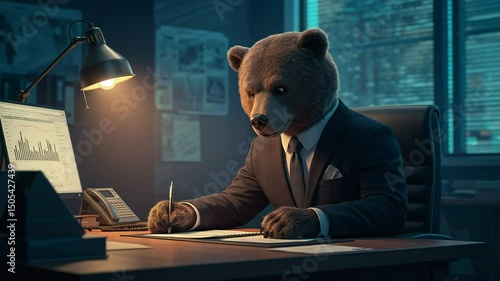 A bear in a suit works late at a desk in an office under a lamp, reviewing documents