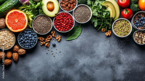 A variety of fresh fruits and nuts on a dark background, good for cooking blogs and healthy eating articles.