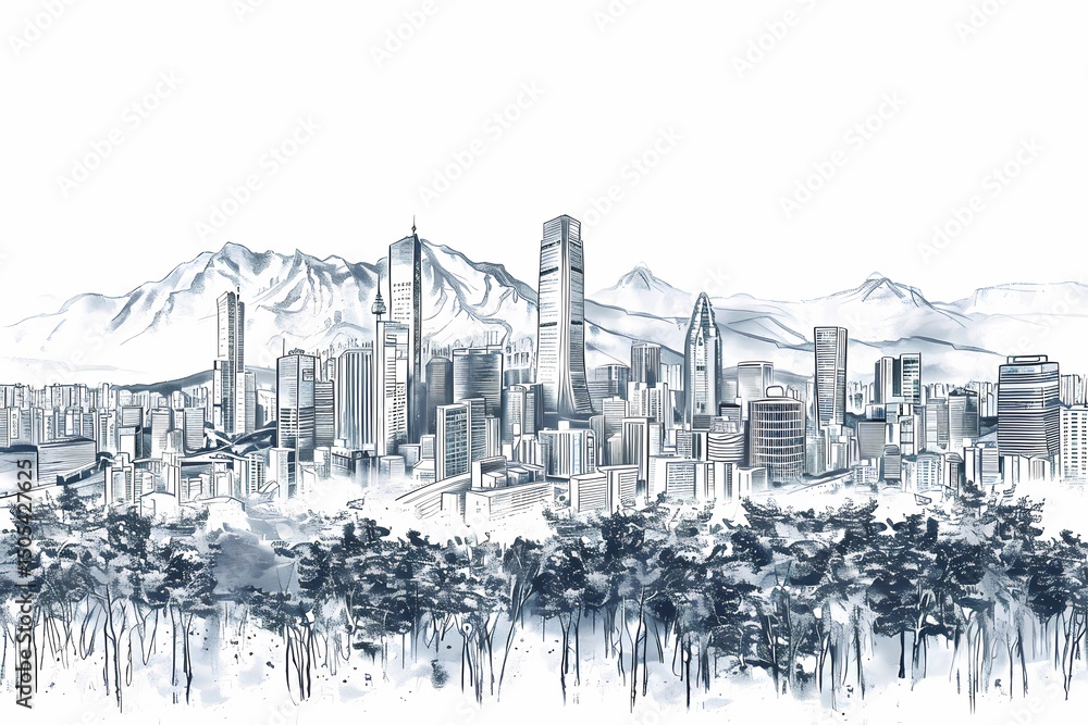Fototapeta premium Black and white sketch of Seoul skyline with skyscrapers, mountains and urban park trees