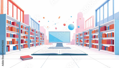 Futuristic library with geometric bookshelves and digital screens, knowledge concept