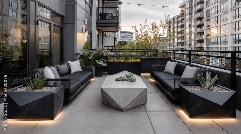 Naklejka premium Modern patio furniture arrangement on a rooftop terrace.