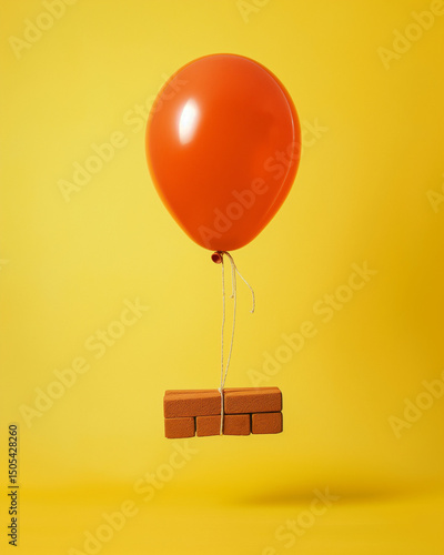 Balloon Floating with a Brick Tied Beneath on Yellow Background Representing Contradiction, Burden, and Resistance. Generative AI