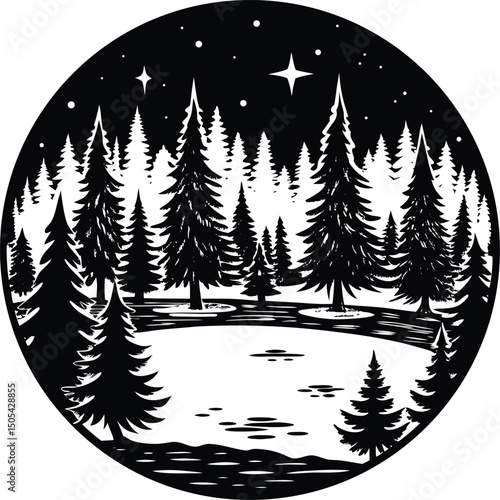 Frozen Lake with Pine Trees