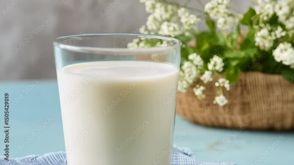 Glass of fresh milk on a blue linen napkin with spring flowers creates a healthy and inviting food setting Glass of fresh milk on a blue linen napkin with spring flowers creates a healthy and inviting food setting
