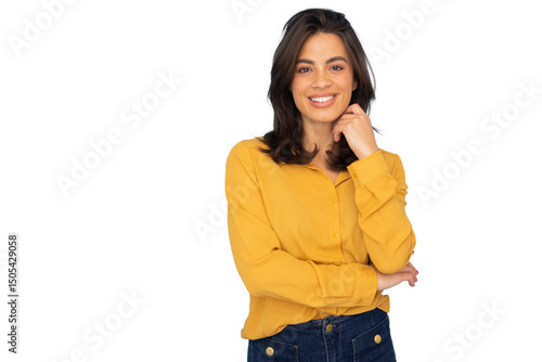 Obraz na płótnie Cheerful latina professional portrait showcasing young woman with long brown hai