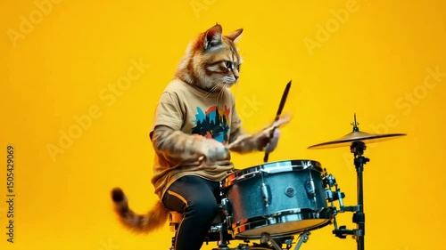 A cat wearing a t-shirt and pants plays the drums with drumsticks on a yellow background