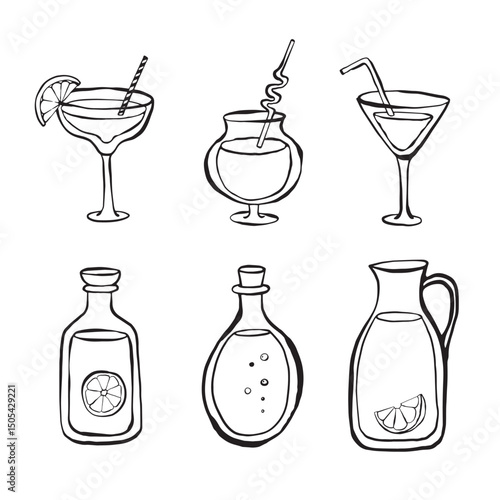 A line drawn illustration of cocktails and bottels in a sketchy style.