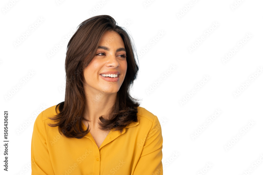 Studio portrait of cheerful businesswoman smiling and looking away, isolated on transparent background Studio portrait of cheerful businesswoman smiling and looking away, isolated on transparent background