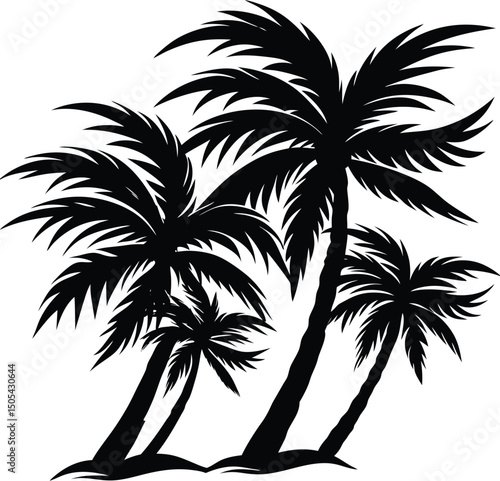 group of palm trees blowing in wind silhouette.