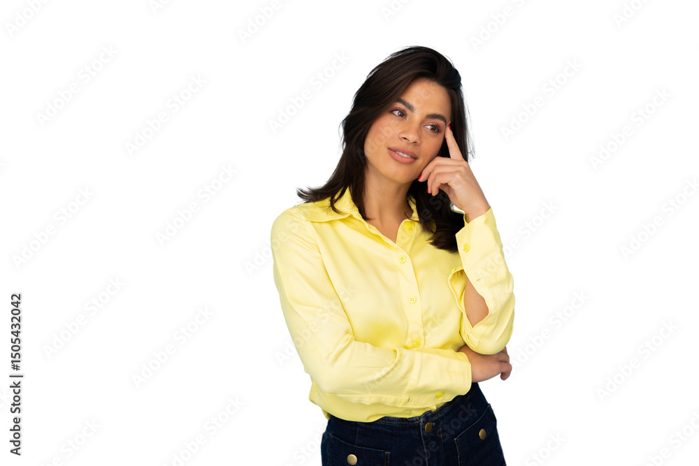 Businesswoman in yellow shirt pondering creative solution, touching forehead with index finger Businesswoman in yellow shirt pondering creative solution, touching forehead with index finger