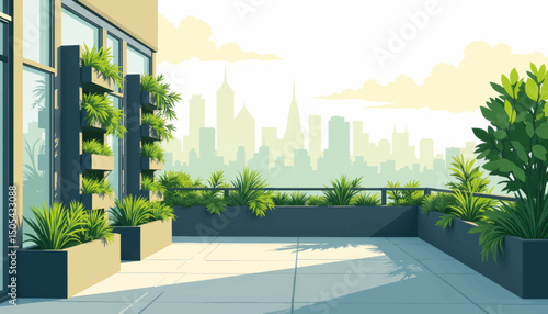 Urban rooftop garden with vertical planters in bright sunlight, sustainability