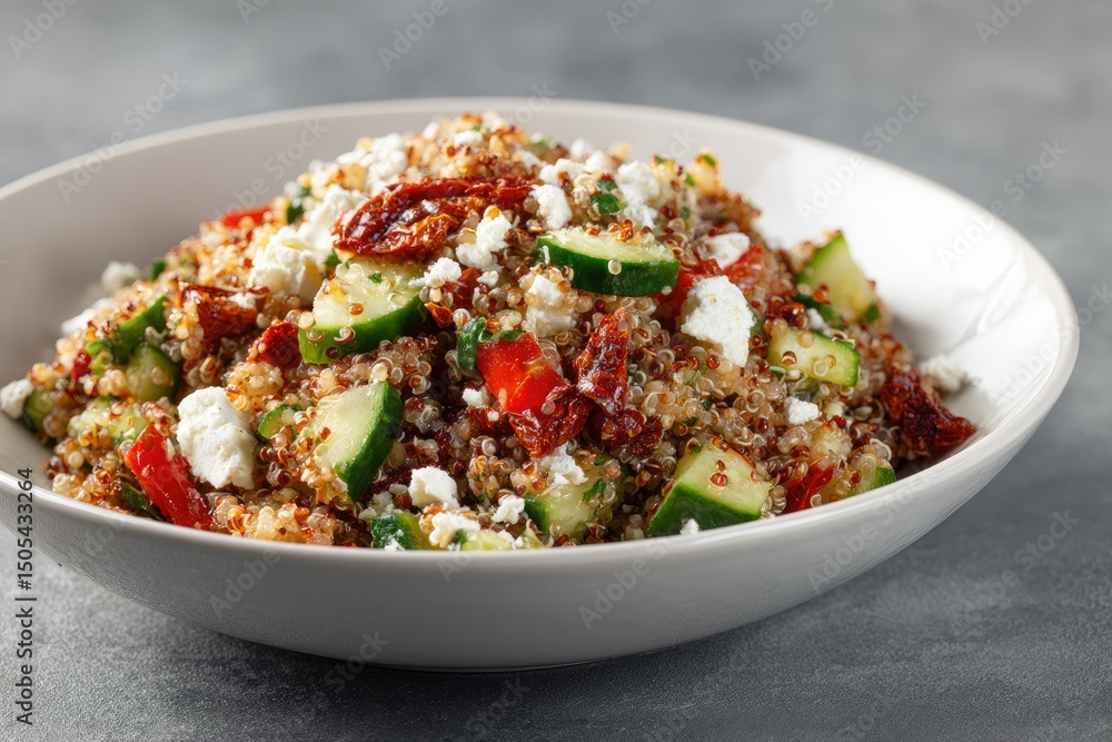 A vibrant quinoa salad, featuring sun-dried tomatoes, cucumber, feta cheese, and fresh herbs, served in a shallow white bowl against a grey background A vibrant quinoa salad, featuring sun-dried tomatoes, cucumber, feta cheese, and fresh herbs, served in a shallow white bowl against a grey background