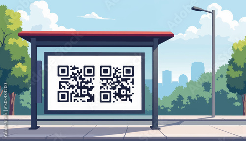 QR code display on bus stop in urban setting, modern convenience