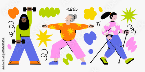 Vector collection with woman who are engaged in different activities for health. Cute illustration of people doing physical exercises. Lifestyle for mental and physical wellness