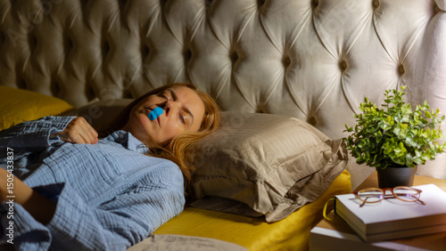 Woman using mouth tape to promote nasal breathing. Mouth Tape is used to help promote healthier breathing, improve sleep quality and reduce snoring	