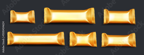 Realistic vector illustration of various golden foil snack bar packaging mockups. Multiple sizes of shiny metallic wrappers for chocolate, granola bars, candy, or protein bars.