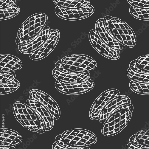 Hand drawn vintage seamless pattern of shortbread cookies with crisscross texture in engraving sketch style on chalkboard background