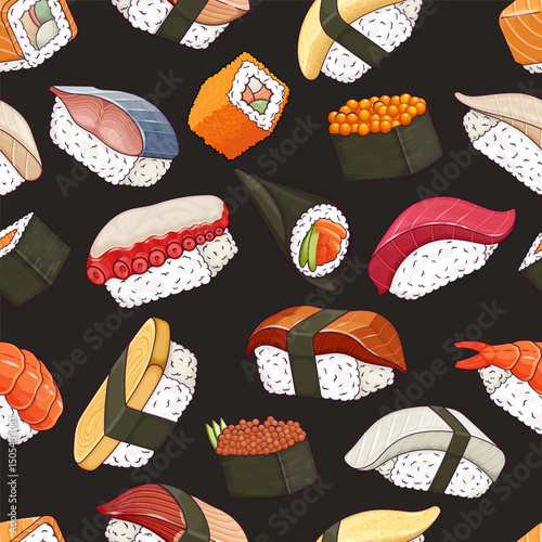 Traditional sushi seamless vector pattern. Japanese food background design
