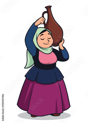 A young woman of Middle Eastern descent with a light brown skin tone, wearing a green hijab, a pink inner shirt, a blue long-sleeved shirt, and a purple skirt, is holding a brown clay pot above her he