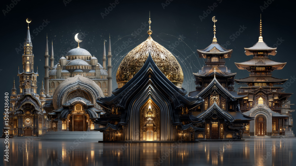 Obraz premium Cartoon religious buildings set with mosque, buddhist temple, orthodox church and catholic chapel. Traditional sacred architecture of different faiths with golden domes, minarets, pagoda roof.