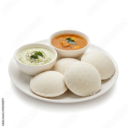 idli with coconut chutney and sambhar, traditional breakfast , isolated on white background