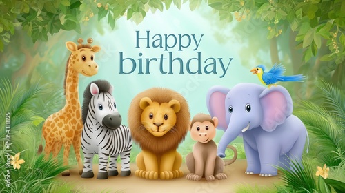Cute cartoon jungle animals with happy birthday greeting in lush greenery