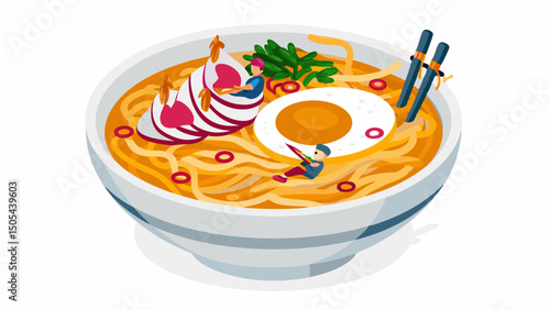 Illustration of a bowl of ramen with noodles, egg, meat, and vegetables, with two small people on top