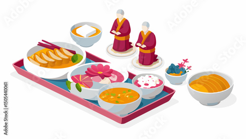 A tray of food with soup, rice, fruit, and two figures dressed in robes kneeling in prayer position