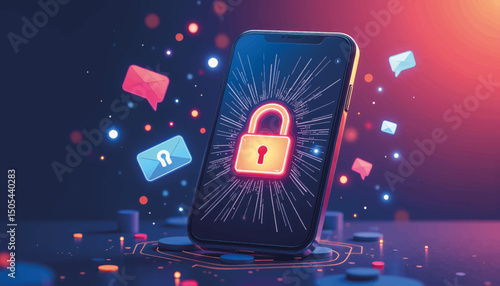 Smartphone displaying digital lock icon in stylized environment, security