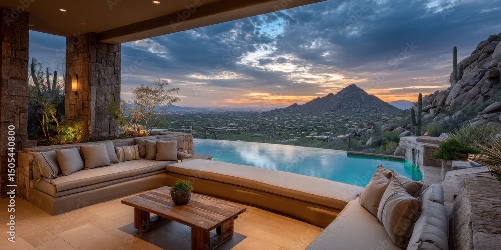 Fototapeta premium Serene mountain vista overlooking a modern outdoor living space.