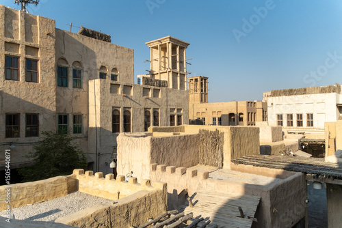 view of Dubai Al Seef historical neighborhood with old buildings and Emirati architecture - Horizontal view of city