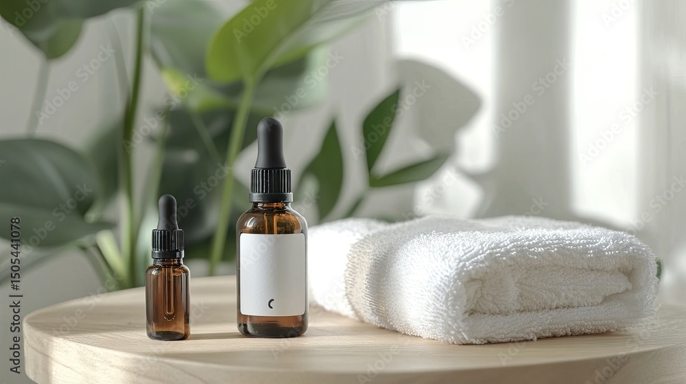Aromatherapy setup with essential oil bottle, diffuser, and soft towel in a calm spa-like setting Aromatherapy setup with essential oil bottle, diffuser, and soft towel in a calm spa-like setting