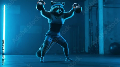 Anthropomorphic raccoon doing kettlebell squats in neon-lit gym