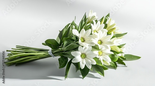 A bouquet of fresh flowers on a white background with subtle shadows, conveying elegance and freshness