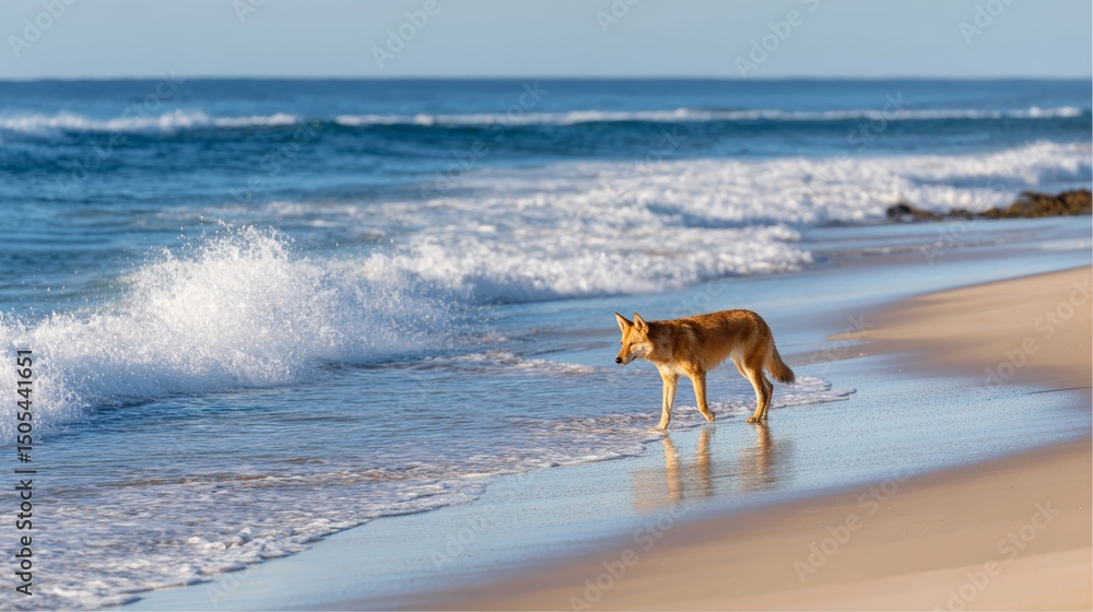 Naklejka premium Lone dingo exploring pristine beach shoreline with gentle waves