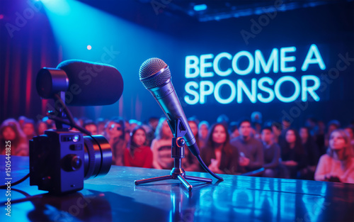 Glowing mic on stage, spotlight beaming, camera capturing. Neon 'Become a Sponsor' sign behind, blurred audience, cinematic concert vibe, dramatic lighting.