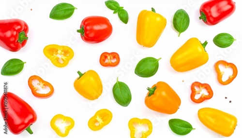 Wallpaper Mural Small colorful whole and sliced bell peppers and basil leaves flying isolated on Torontodigital.ca