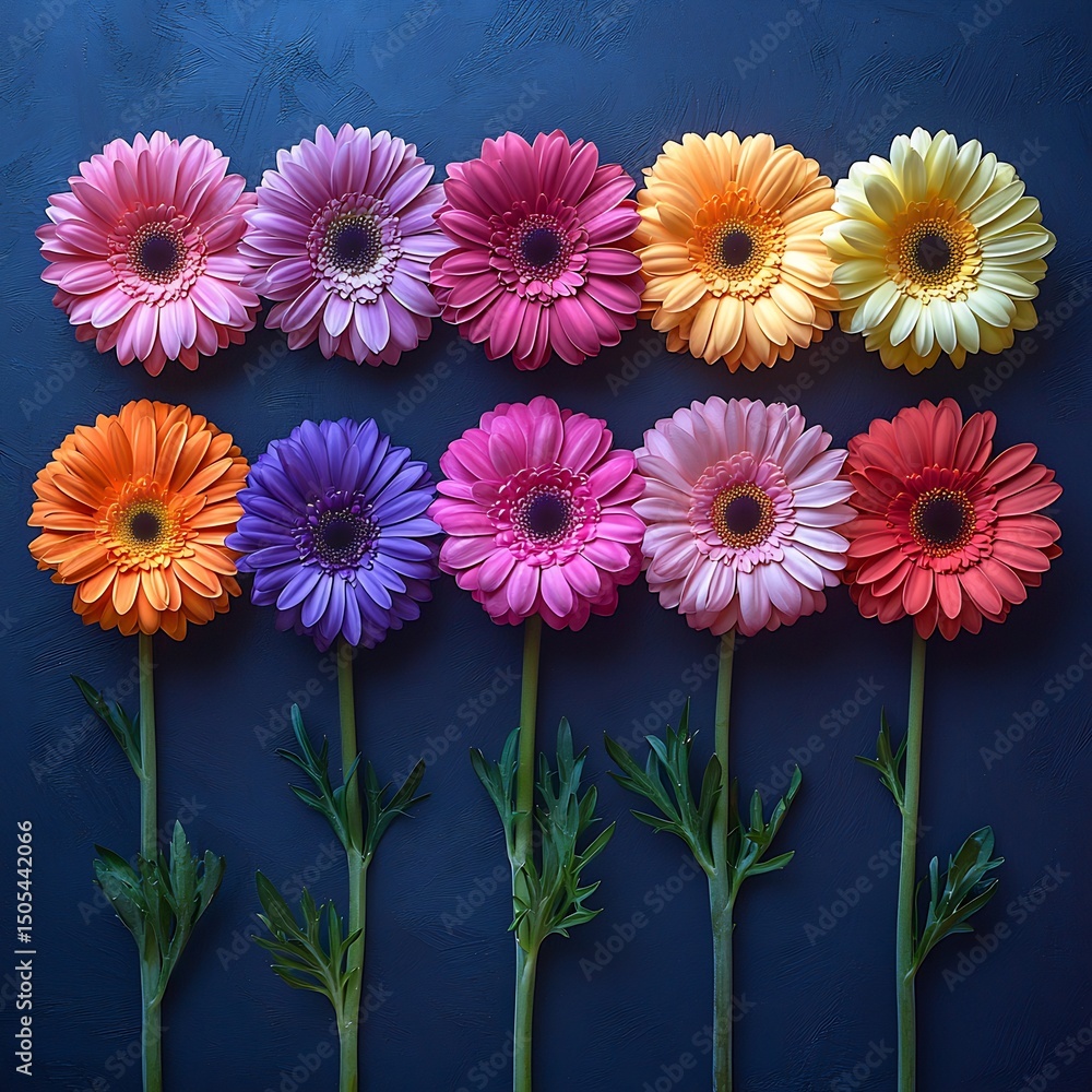 Colorful display of the same flower in different shades flat lay composition with a soft backdrop color contrast highlighting each flower's unique tone Colorful display of the same flower in different shades flat lay composition with a soft backdrop color contrast highlighting each flower's unique tone