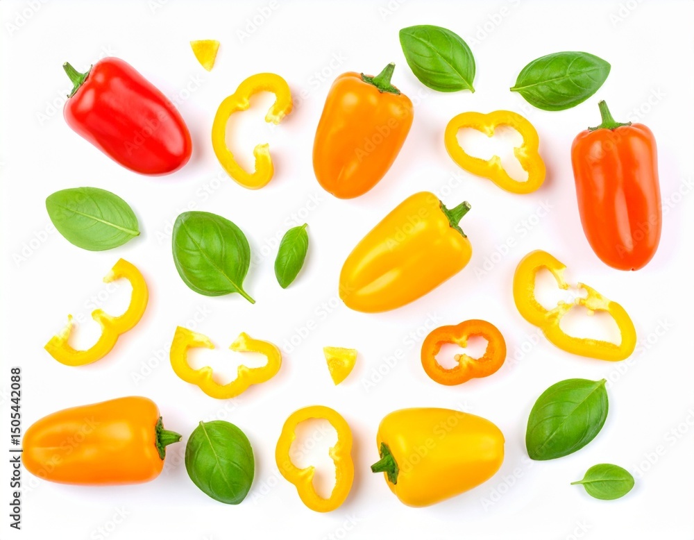 Small colorful whole and sliced bell peppers and basil leaves flying isolated on Small colorful whole and sliced bell peppers and basil leaves flying isolated on