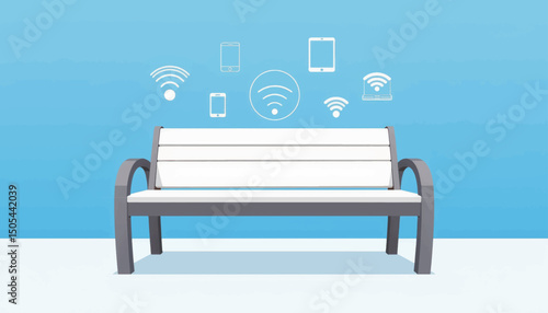 Stylish bench with USB ports and Wi-Fi symbols, modern convenience