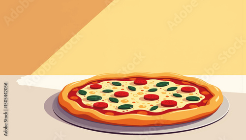 Colorful pizza on table with bright lighting, culinary art