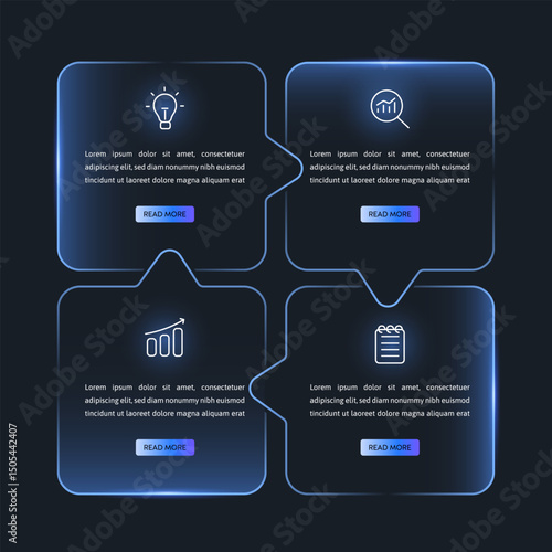Infographic Template with Neon Gradient Layout 4 Step for Business Process, Timeline and Marketing Plan. Modern Design Elements Include Icons, Symbols, Data and Graphs for Presentation Reports