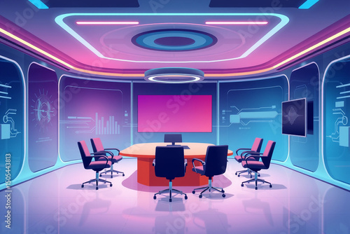 Futuristic Technology Office Meeting Room with Neon Lighting, Digital Screens, and Modern Conference Chairs in a High-Tech Workspace Interior vector style art.