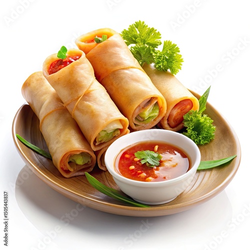 chicken and vegetable roll with sauce on white background